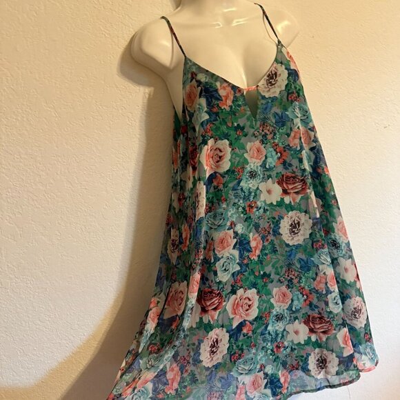 Floral Green A-Line Spaghetti Strap Chiffon Dress With V-Neckline Beach - Picture 5 of 8